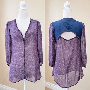 Lily Rose Sheer Boho Blouse Denim Cutout Flowy Tunic Size Small
